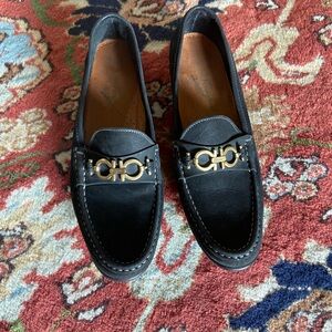 Ferragamo Suede Black Loafers with Gold Buckle